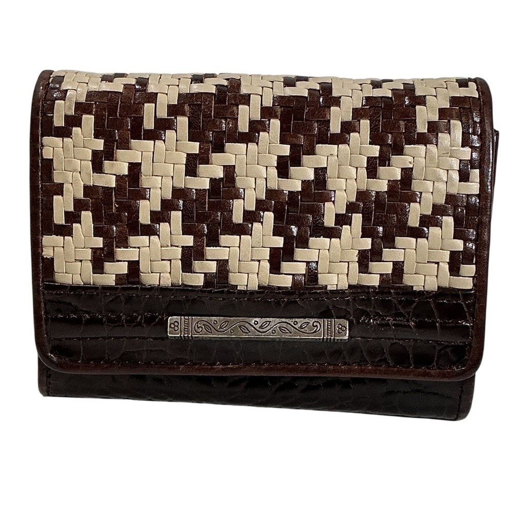 Brighton Woven Houndstooth Croc Embossed Leather Card Case Wallet Brown Tan